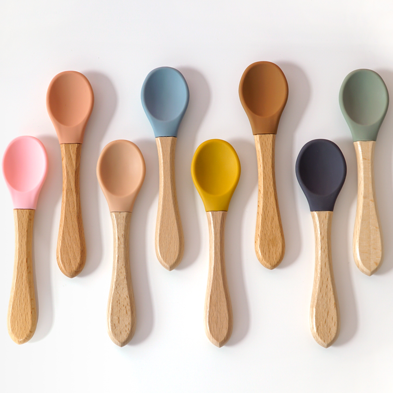 Baby Food Feeder - Feeding Wooden Handle Silicone Spoon For